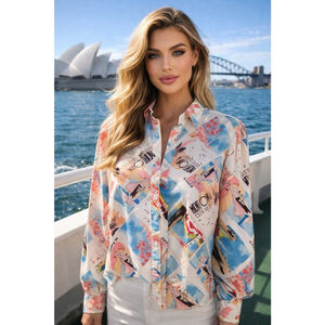 Zeagoo Riviera Postcard Print Button Up Shirt Coastal Resort Quiet Luxury Travel